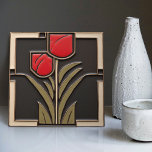 Tulip Love Abstract Red Flowers Mid-Century Decor Tile<br><div class="desc">This exquisite mid-century modern ceramic tile is a loving homage to the time-honoured Arts and Crafts movement. Expertly crafted in our Barcelona workshop, it features abstract symmetrical shapes and imitates the captivating allure of mid-century modern faux relief tiles. The symmetrical designs echo a harmonious balance, the ideal expression of abstract...</div>