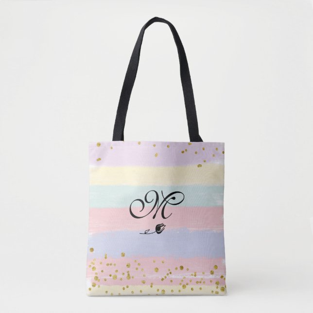 *~* Tulip Monogram Doodle Gold Glitter Pastel Tote Bag (Front)