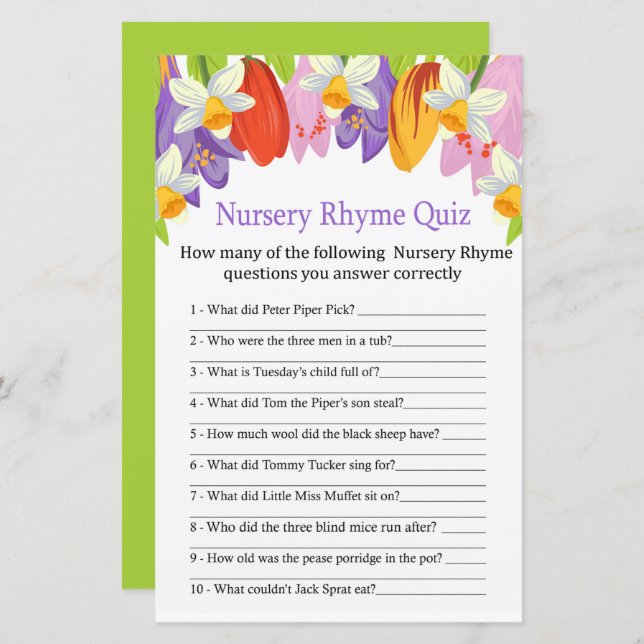 Tulip Nursery Rhyme Quiz baby shower game (Front/Back)