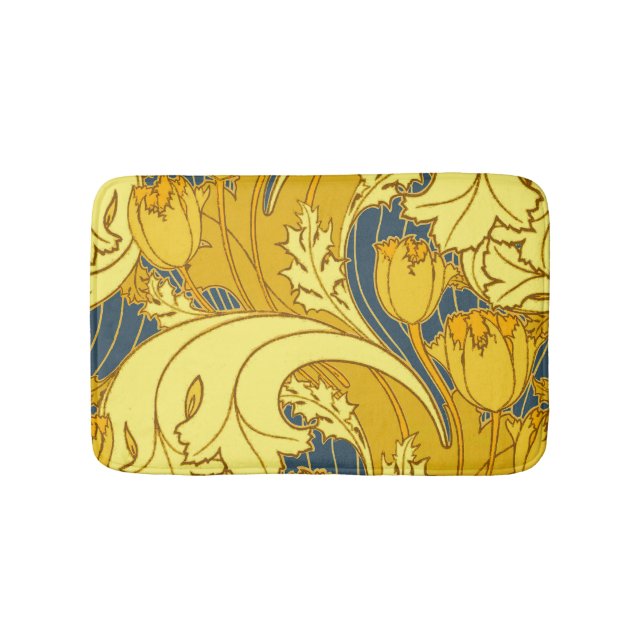 Tulip Pattern Print: Yellow Blue Art Nouveau Bath Mat (Front)