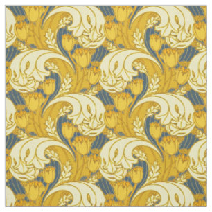 Tulip Pattern Print: Yellow Blue Art Nouveau Fabric