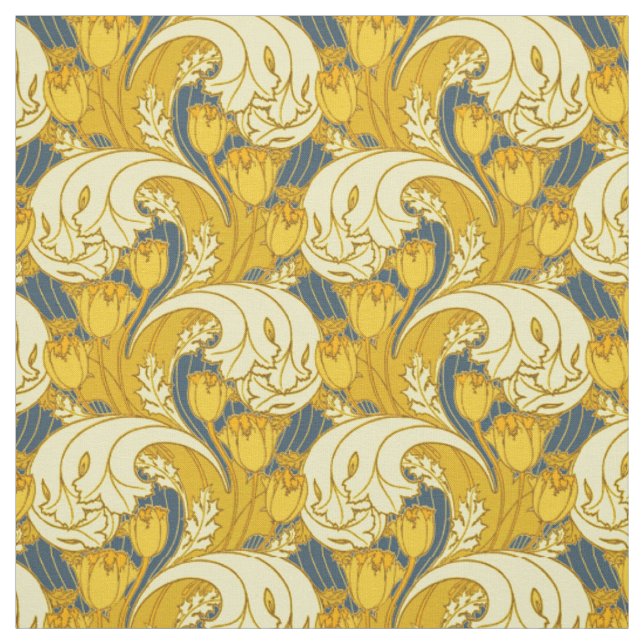 Tulip Pattern Print: Yellow Blue Art Nouveau Fabric (Swatch)