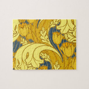 Tulip Pattern Print: Yellow Blue Art Nouveau Jigsaw Puzzle