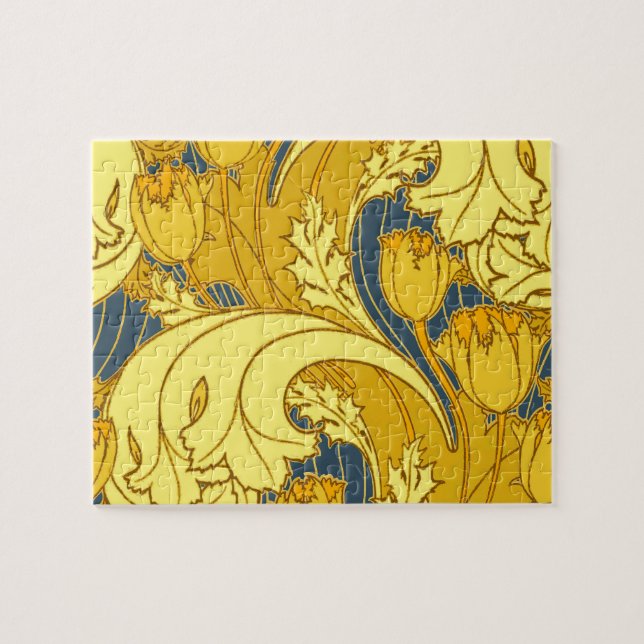 Tulip Pattern Print: Yellow Blue Art Nouveau Jigsaw Puzzle (Horizontal)