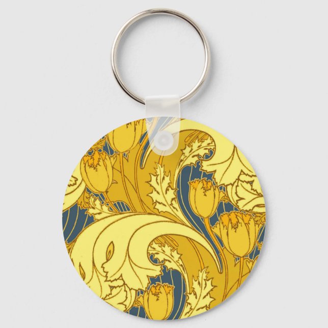 Tulip Pattern Print: Yellow Blue Art Nouveau Key Ring (Front)