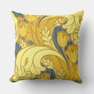 Tulip Pattern Print: Yellow Blue Art Nouveau Outdoor Cushion