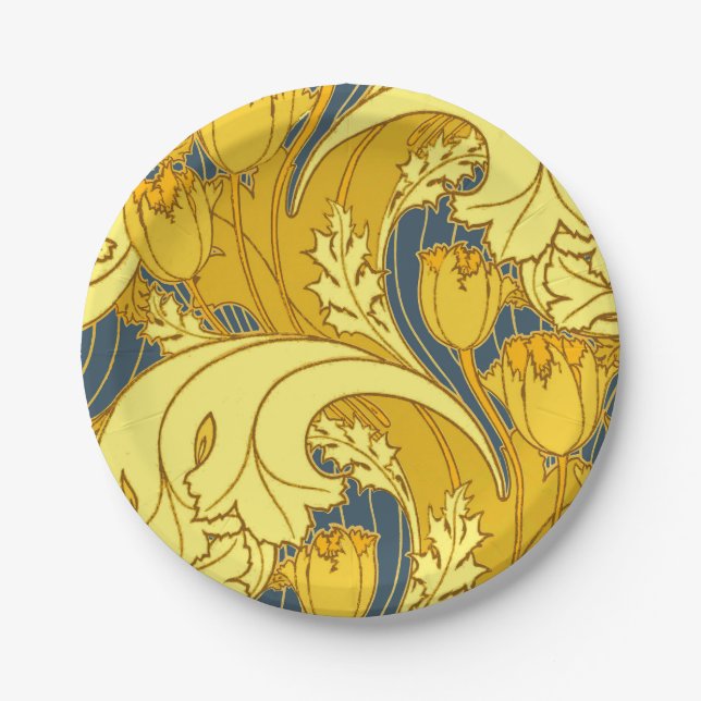 Tulip Pattern Print: Yellow Blue Art Nouveau Paper Plate (Front)
