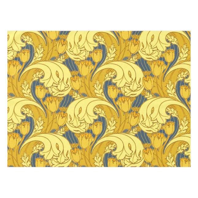Tulip Pattern Print: Yellow Blue Art Nouveau Tablecloth (Front (Horizontal))