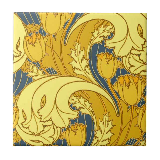 Tulip Pattern Print: Yellow Blue Art Nouveau Tile (Front)