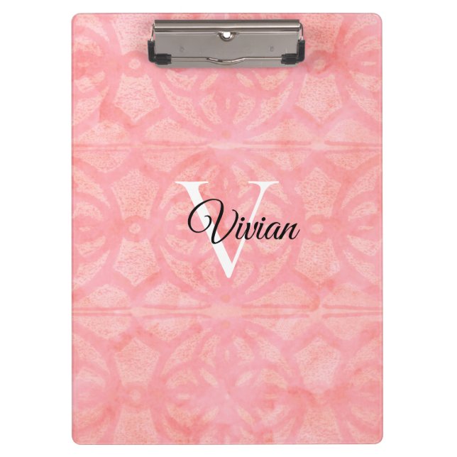 Tulip Pink Watercolor Monogram Name  Clipboard (Front)