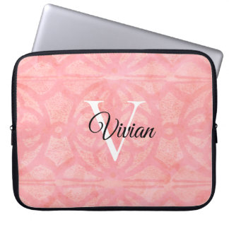 Tulip Pink Watercolor Monogram Name Laptop Sleeve