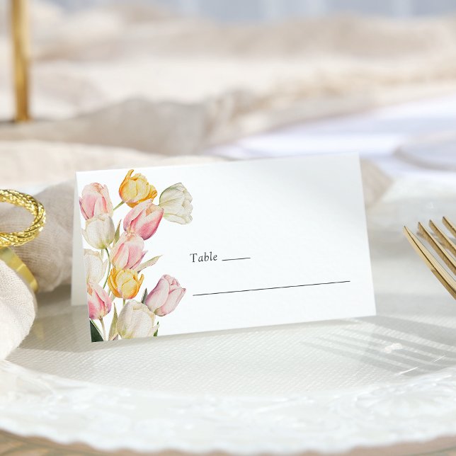 Tulip Wedding Place Card (Watercolor Spring Tulip Wedding Place Card by Painted Paperie
)