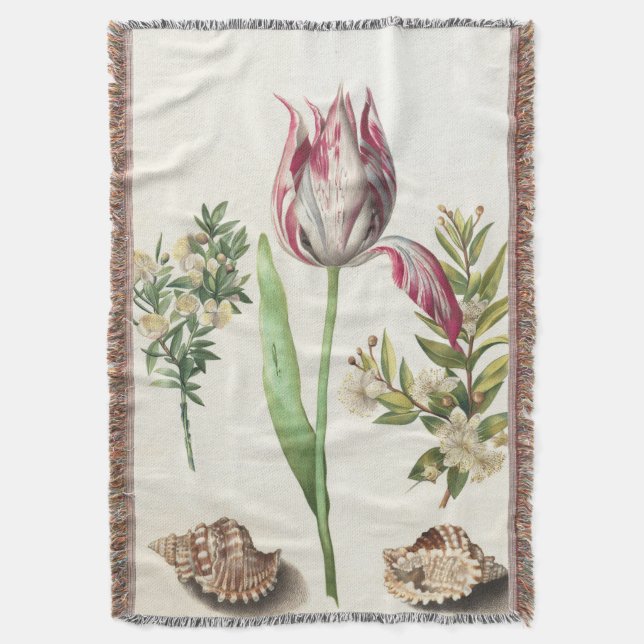 Tulip with Shells Botanical Illustration Throw Blanket (Front Vertical)