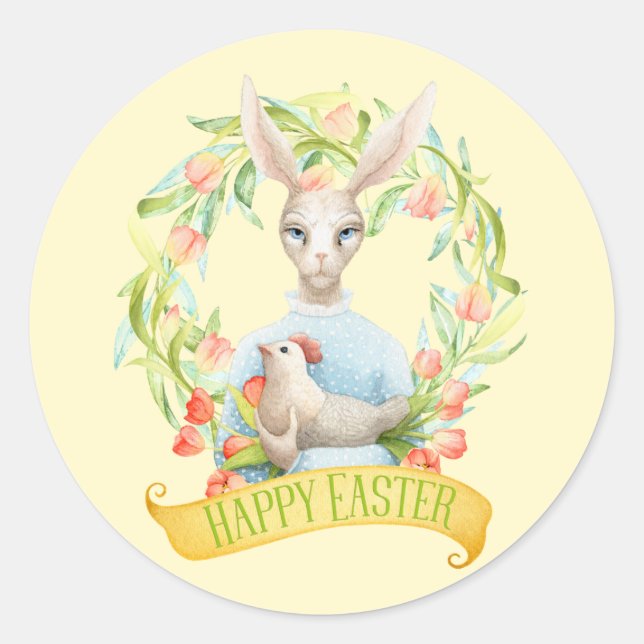 Tulip Wreath and Rabbit Happy Easter Classic Round Sticker (Front)