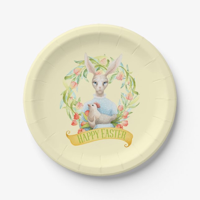 Tulip Wreath and Rabbit Happy Easter Paper Plate (Front)