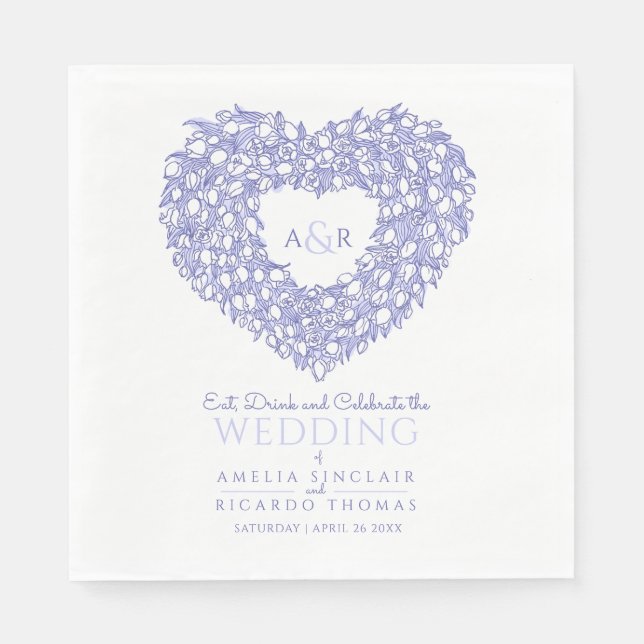 Tulip wreath ink drawing monogram wedding blue  napkin (Front)