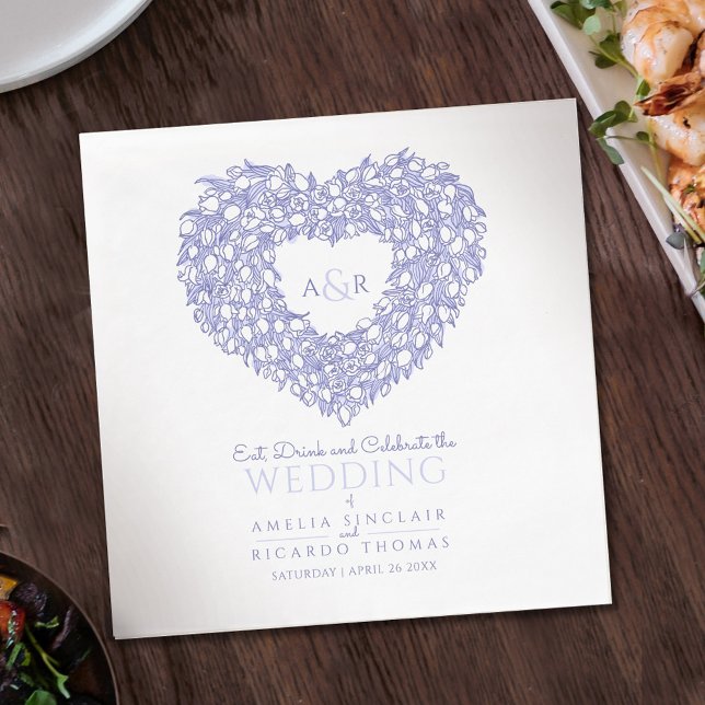 Tulip wreath ink drawing monogram wedding blue  napkin (Creator Uploaded)