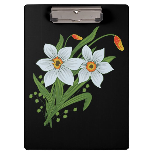 Tulips and Daffodils Flowers Black Background Clipboard (Front)