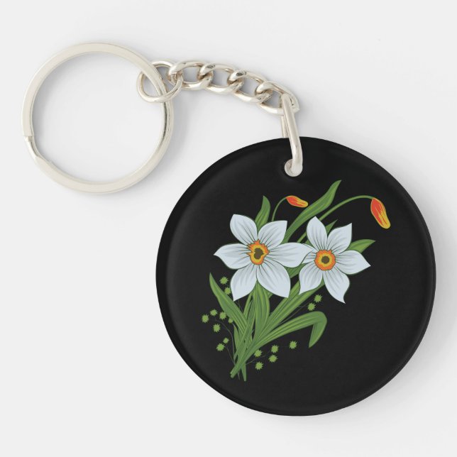 Tulips and Daffodils Flowers Black Background Key Ring (Front)