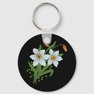 Tulips and Daffodils Flowers Black Background Key Ring