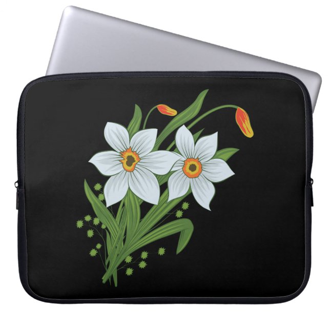 Tulips and Daffodils Flowers Black Background Laptop Sleeve (Front)