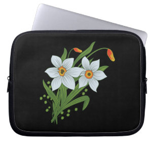 Tulips and Daffodils Flowers Black Background Laptop Sleeve