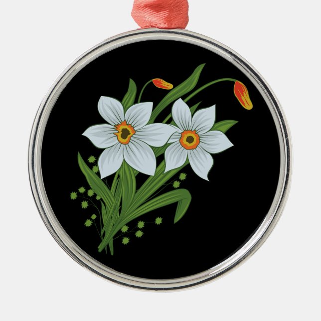 Tulips and Daffodils Flowers Black Background Metal Tree Decoration (Front)