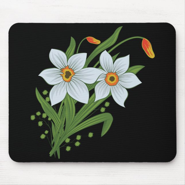 Tulips and Daffodils Flowers Black Background Mouse Pad (Front)