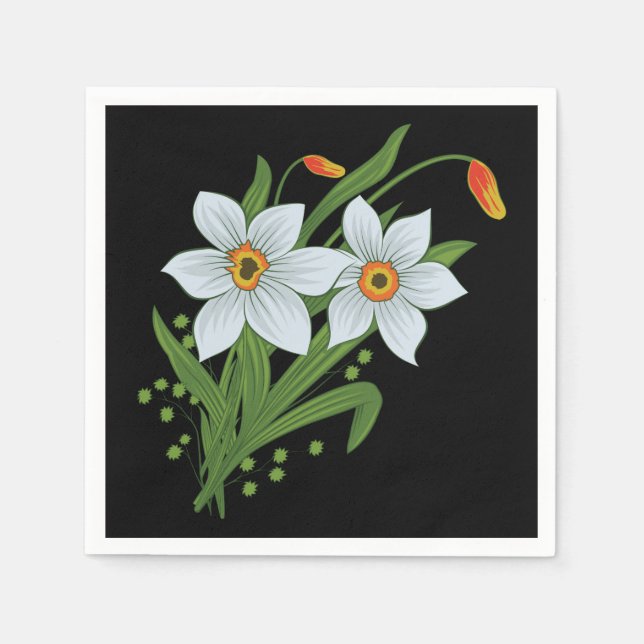 Tulips and Daffodils Flowers Black Background Napkin (Front)