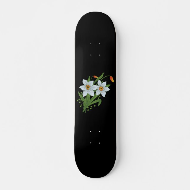 Tulips and Daffodils Flowers Black Background Skateboard (Front)