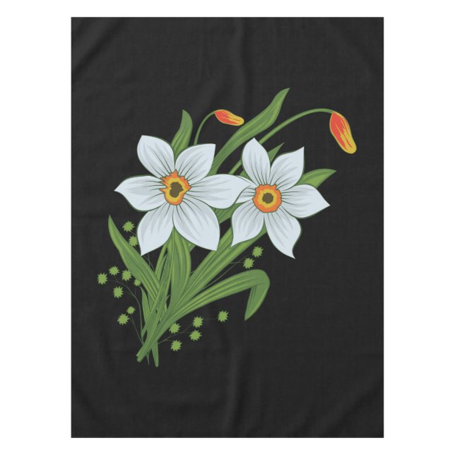 Tulips and Daffodils Flowers Black Background Tablecloth (Front)