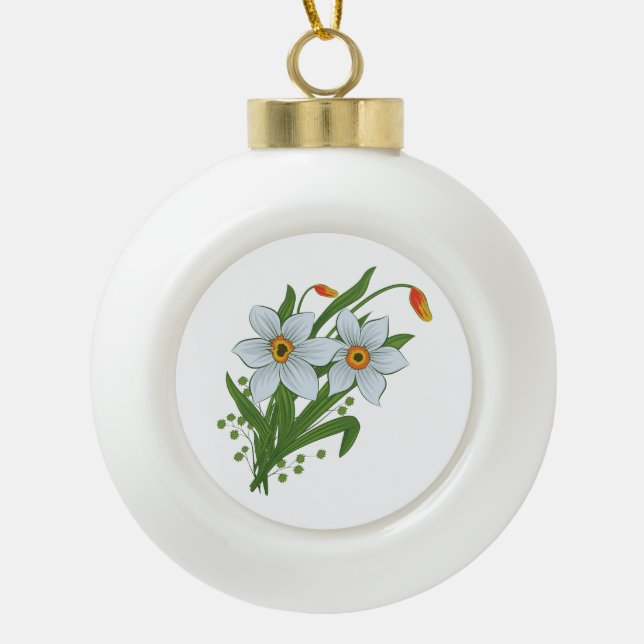 Tulips and Daffodils Flowers Ceramic Ball Christmas Ornament (Front)
