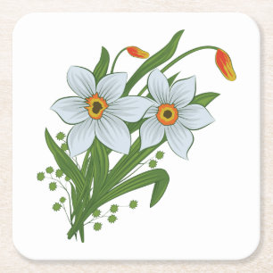 Tulips and Daffodils Flowers Square Paper Coaster