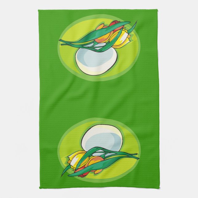 Tulips and Egg Green Tea Towel (Vertical)