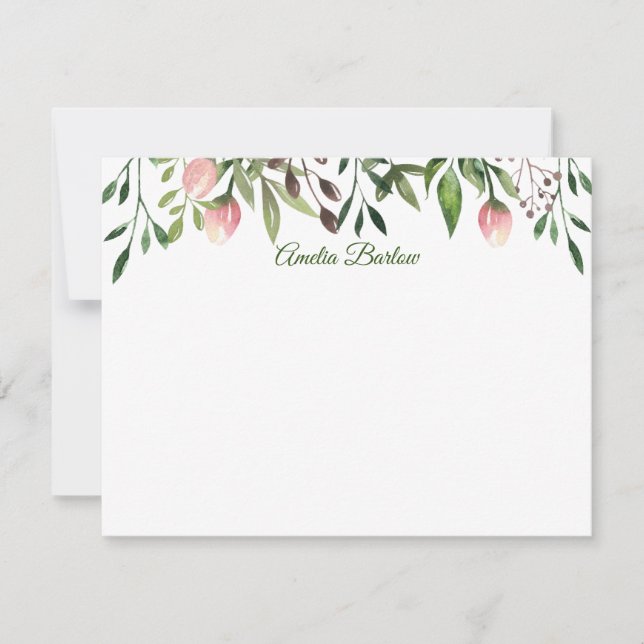 Tulips and Greenery Personalised Flat Note Card (Front)
