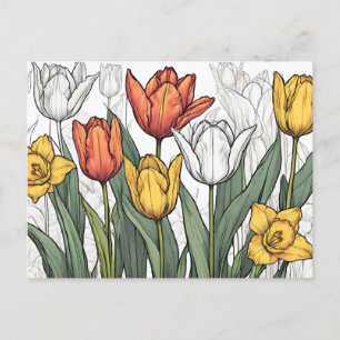 Tulips and Yellow Daffodil Flowers Spring Flowers  Postcard