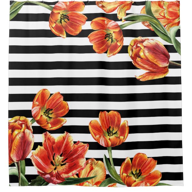 Tulips Black Stripes Chic Shower Curtain (Front)
