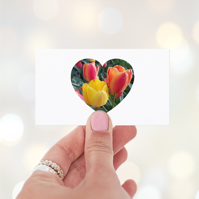 Tulips Blossoms Heart Shape Photo Business Card (Create your own heart shape photo business cards.)