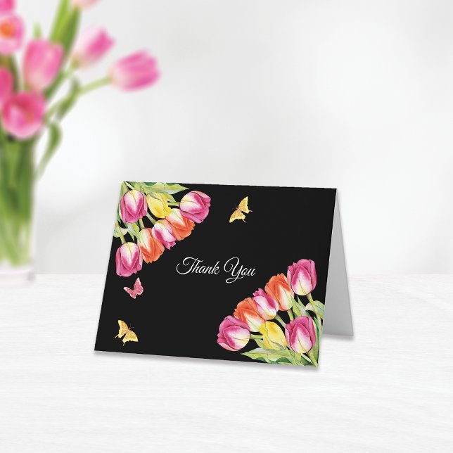 Tulips & Butterflies Black Bridal Shower    Thank You Card (Creator Uploaded)