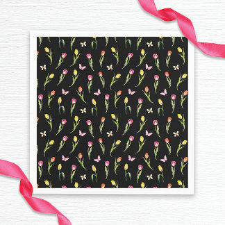 Tulips & Butterflies Black Pattern Bridal Shower  Napkin