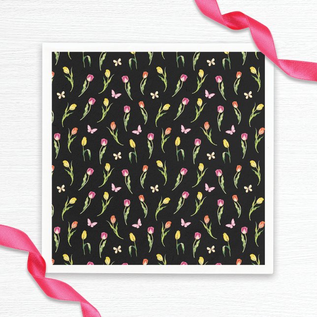 Tulips & Butterflies Black Pattern Bridal Shower  Napkin (Creator Uploaded)