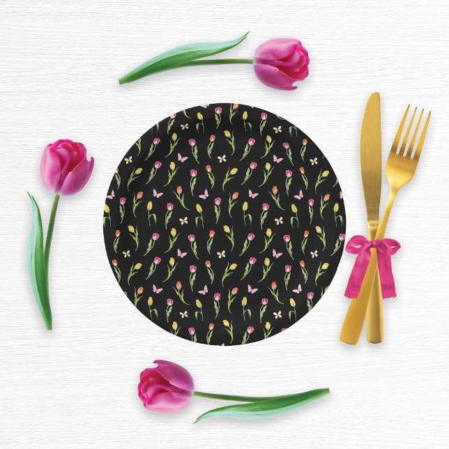 Tulips & Butterflies Black Pattern  Paper Plate (Creator Uploaded)