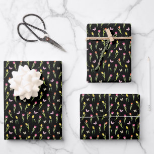 Tulips & Butterflies Black Pattern  Wrapping Paper Sheet