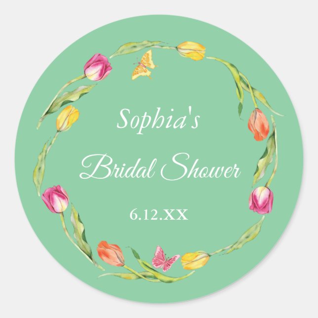 Tulips & Butterflies Green Bridal Shower  Classic Round Sticker (Front)