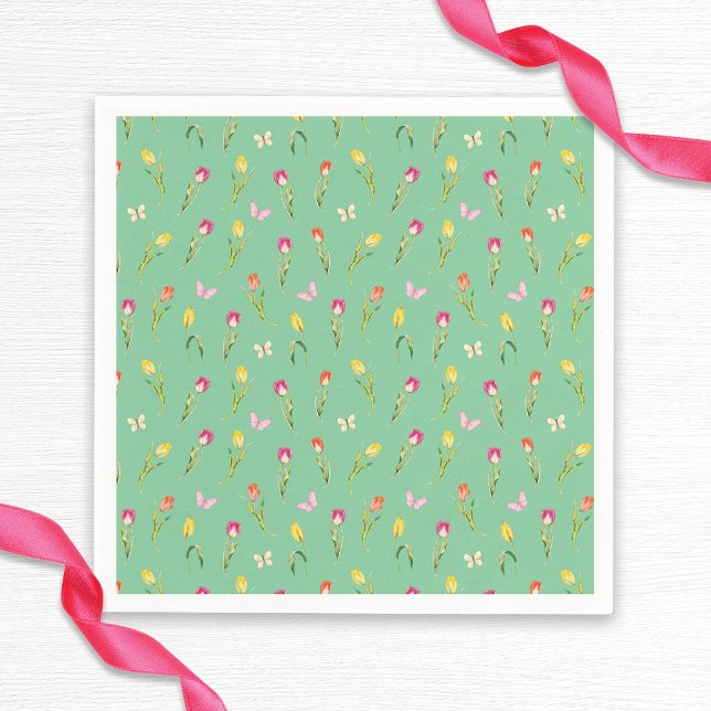 Tulips & Butterflies Green Pattern Bridal Shower  Napkin (Creator Uploaded)
