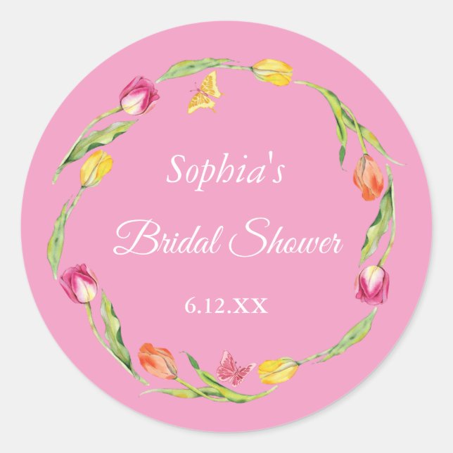 Tulips & Butterflies Pink Bridal Shower  Classic Round Sticker (Front)