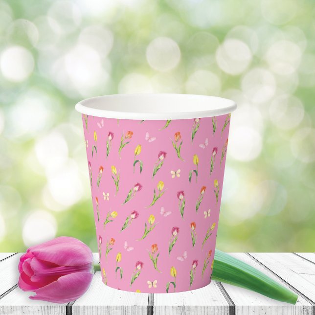 Tulips & Butterflies Pink Pattern  Paper Cups (Creator Uploaded)