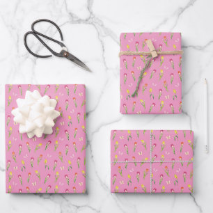 Tulips & Butterflies Pink Pattern  Wrapping Paper Sheet