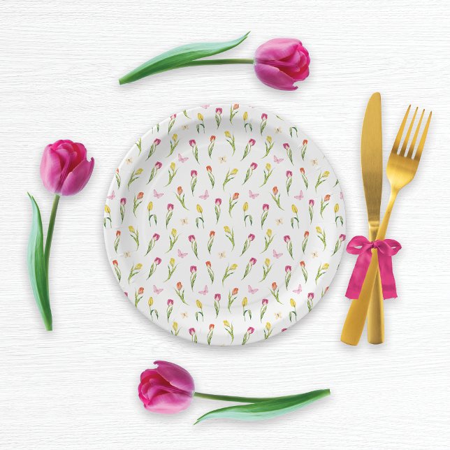Tulips & Butterflies White Pattern  Paper Plate (Creator Uploaded)