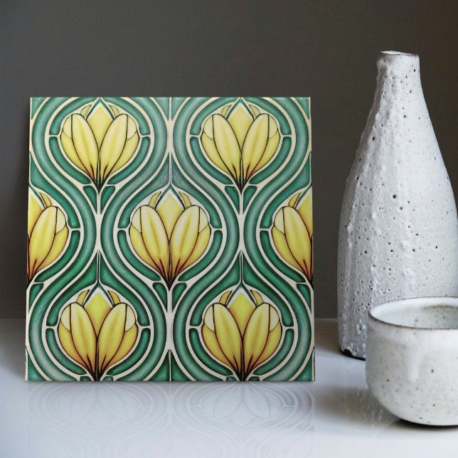 Tulips Citrus Yellow Symmetric Pattern Art Nouveau Tile (Creator Uploaded)